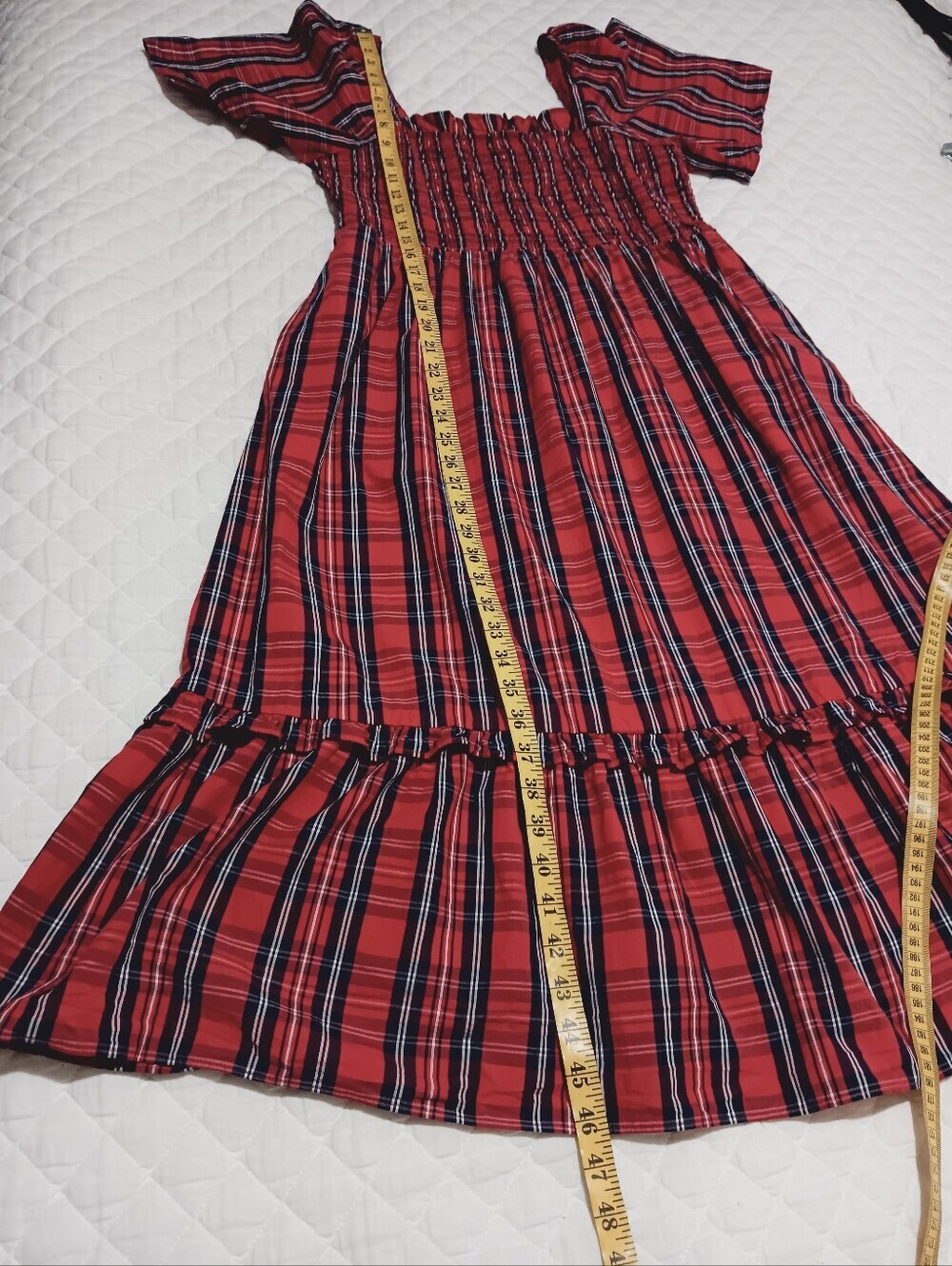 DRAPR JAMES Red Plaid Smocked Midi Dress  Size L - Picture 10 of 12